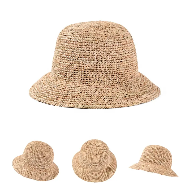 Manufacturer handmade Crochet raffia straw Bucket Hats Folding wide Brim Straw Sun Hat for Women Holiday Travel