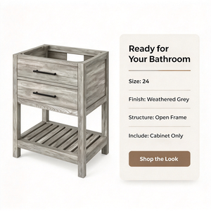 Rustic Wood Farmhouse Bathroom Vanity Two <b>Drawers</b> Open Shelf Floor Standing Rectangular Ceramic Basin <b>Mirror</b> Included Light Gray - Product Image 3