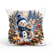 Housse de coussin décorative motif rennes et maison d'hiver, thème village de Noël rose, pour décoration de maison de fêtes