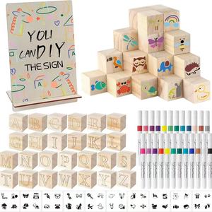 Kit de juego de bloques para baby shower de 117 piezas, incluye 52 bloques de madera, 24 marcadores, 1 cartel de juego, 40 plantillas y pintura (Kraft) - Product Image 2