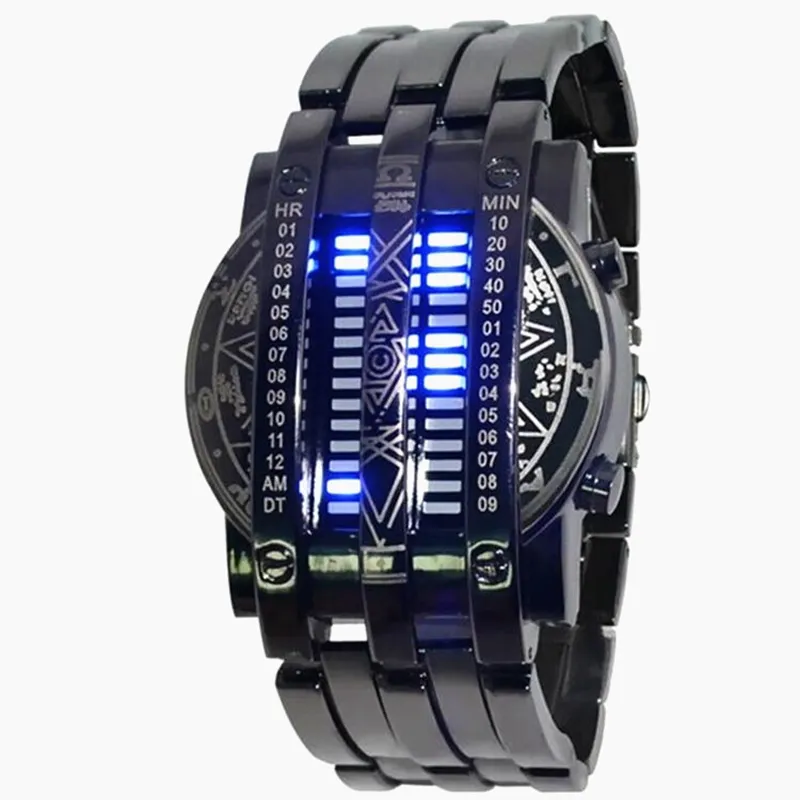 Luxury Watch Men Stainless Steel Blue Binary Luminous LED Electronic Display Sport Fashion Watches