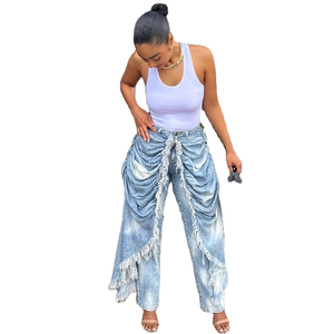 Tendance 2026 Nouveauté Jeans en denim décontracté pour femmes à taille haute, à bords effilochés et froncés, pour la rue et les soirées - Product Image 1
