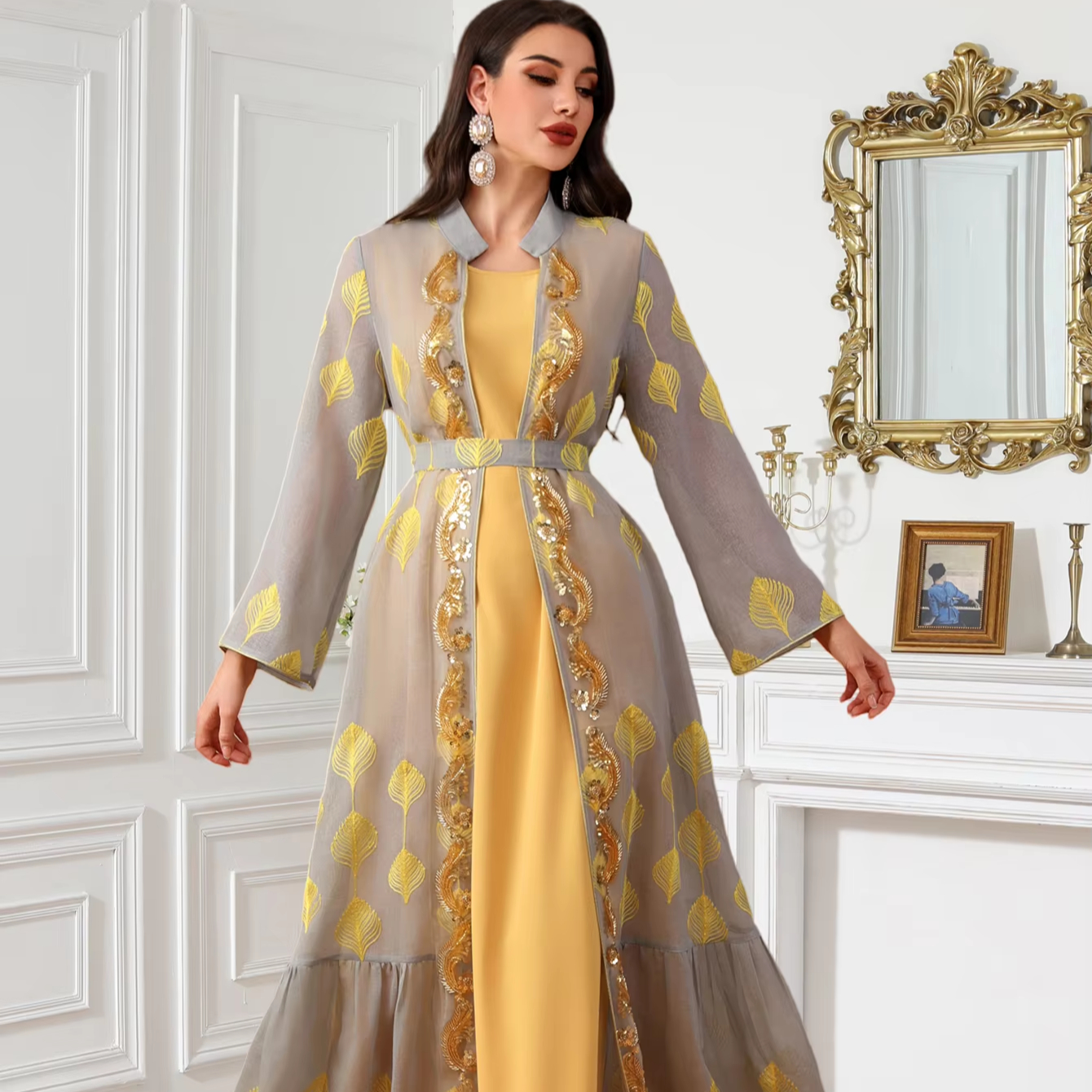 Moroccan Arabic Eid Party Dress - Yellow Abaya Maxi