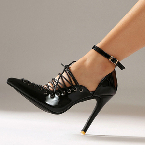 Sandales sexy à talons hauts pour femmes, à découpes et à lacets, à bout pointu, style stiletto, avec bride de cheville, pour l'été, grande taille 47, chaussures de soirée à coupe large - Product Image 5