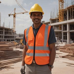 سترة أمان برتقالية اللون وفقًا لمعيار EN 471 وفئة ANSI 2، ذات وضوح عالي مع شرائط عاكسة 360 درجة بعرض 5 سم، قابلة للتخصيص، مصنوعة من البوليستر مع سحاب أمامي - Product Image 1