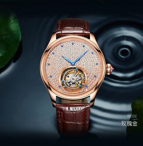 Montre de luxe pour homme, cadran de 42 mm avec saphir et tourbillon en or rose, style aiguille en cuir sertie de diamants - Product Image 1