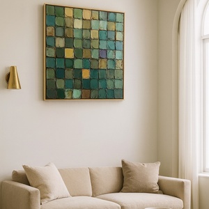 Peinture à l'huile abstraite originale en mosaïque d'émeraude, art mural carré texturé vert, peinture sur toile neutre pour la décoration du salon - Product Image 1