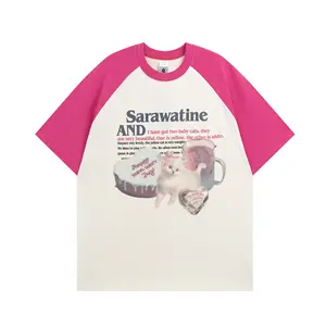 Senhoras Splice tipo Alta Qualidade Na Moda meninas gatos bonitos top Oversize Logotipo Personalizado Impresso Em Branco T Shirts para as mulheres