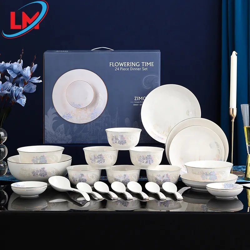 Bone china 24pcs/set Dinnerware Sets Purple Flower Plates and Dishes Salad Bowl Spoon Gift for Housewarming