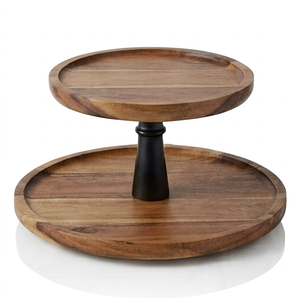 Support à gâteau rond en bois écologique à 2 niveaux, présentoir à desserts en acacia avec poignée métallique, pour fêtes, mariages, boulangeries, table, haute qualité - Product Image 1