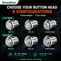 Interrupteur à bouton-poussoir métallique Sweideer avec tailles personnalisées 16mm, 19mm, 22mm, en acier inoxydable IP65, à verrouillage, avec broches à souder LED pour panneaux OEM