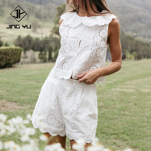 Summer elegant openwork lace trim round neck top and high-waisted shorts set high quality <b>100</b>% <b>rayon</b> shorts set - Product Image 2