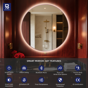 <span class=keywords><strong>Miroir</strong></span> <span class=keywords><strong>de</strong></span> <span class=keywords><strong>salle</strong></span> <span class=keywords><strong>de</strong></span> <span class=keywords><strong>bain</strong></span> LED mural rond <span class=keywords><strong>de</strong></span> luxe contemporain avec cadre en aluminium doré pour hôtel et salon - Product Image 2