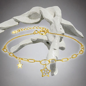 Chaîne de cheville en argent sterling 925 plaqué or avec perles et breloques étoiles, bijou de corps, idéale pour un cadeau d'anniversaire ou de mariage – Vente chaude - Product Image 3