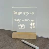 Tableau blanc effaçable à sec en acrylique transparent avec éclairage LED, support en bois, tableau de notes de bureau transparent, tableau de messages en lucite LED pour table