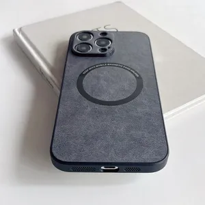 Couverture de charge sans fil magnétique en cuir souple imperméable de luxe iPhone 15 <span class=keywords><strong>Pro</strong></span> 14 13 12 <span class=keywords><strong>Pro</strong></span> Max Protection simple de l'objectif de l'appareil photo - Product Image 2