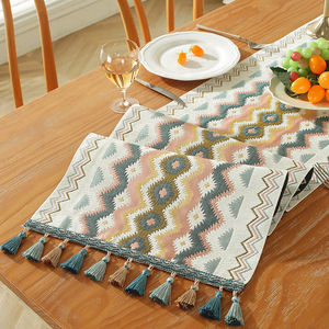 <b>Table</b> <b>Runner</b> Cotton Linen Printed Geometric Pattern Tassel Trim For <b>Dining</b> <b>Table</b> Living Room Home Decor - Product Image 1