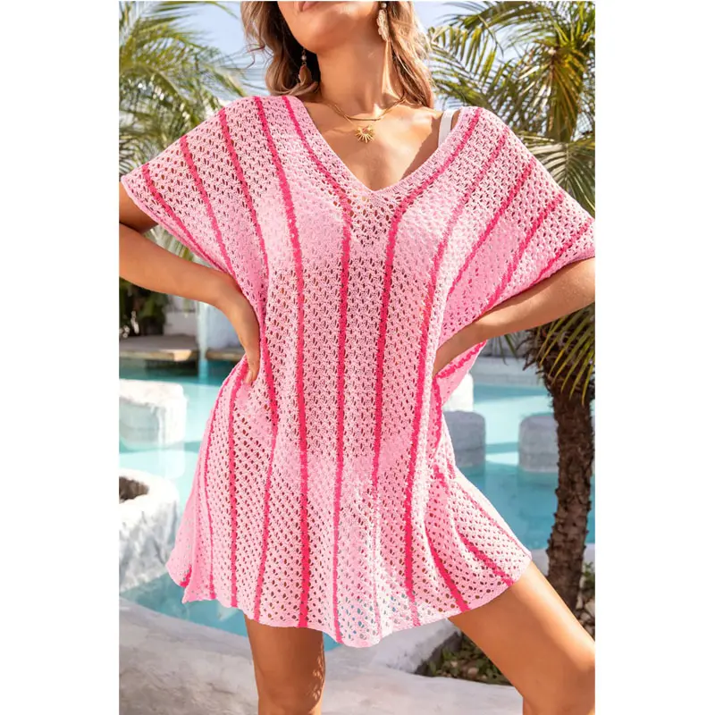 Women Beachwear Cover Up Vacation Knitted Bikini Striped Crochet Loose Fit V-Neck Short Sleeve Beach Cover Up