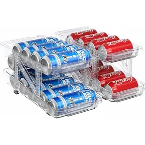 Dispensador organizador de latas de refresco ajustable ancho rodante de bebidas extensible de plástico de 2 niveles para refrigerador