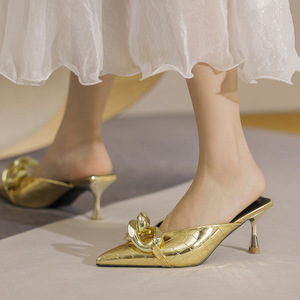 Gold Fashion <b>Pointed</b> <b>Toe</b> Chain Low Slippers Silver <b>Mule</b> Lady Heels for Women 2025 - Product Image 2