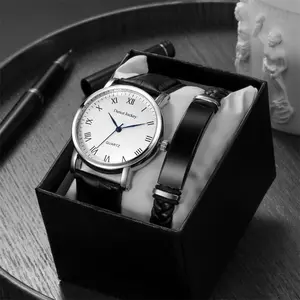 2024 Box 2PCs Reloj de moda para hombre Reloj de cuarzo de cuero con un conjunto de pulsera Regalo para hombre