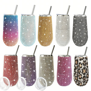 Gobelet isotherme en acier inoxydable à double paroi sous vide, 6oz, avec paille, motif œuf et strass, pour fêtes, avec paillettes - Product Image 1