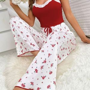 Conjunto de Pijama de Satén Floral con Cintura Elástica para Mujer, Pantalones Largos, Ropa de Dormir Linda de Dos Piezas, Ropa de Casa Moderna, Color Azul, Marca Yanzhui - Product Image 1