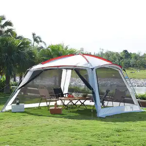 Tenda Luar Ruangan Rekreasi Pintu Ganda Atap Ganda Tenda Luar Ruangan Bagian Dalam 6 ~ 10 Ruang Besar Tenda Kemah Dipasang Nyaman Biru Tebal