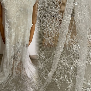 Top End Pháp Trắng Chantilly Đính Cườm Sequins Ren Hoa Thêu Cưới Bridal Ren Váy Vải - Product Image 6