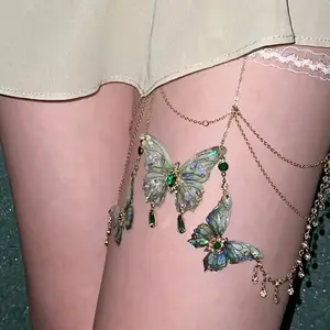 Wholesale Sweet Animal Lace Tassel Alloy Body Chain For Women Emerald Gemstone Green Butterfly Pendant Leg Chain