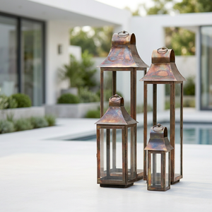 Faroles de Metal con Acabado de Cobre Pulido en Diferentes Tamaños para Decoración del Hogar y Patio - Product Image 1