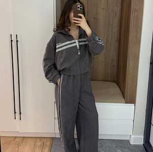 High Quality <b>Suede</b> Print <b>Women's</b> Autumn Jogger Set Custom Logo Side Stripe Hooded Zip <b>Jacket</b> Wide Leg Pants 2 Piece Casual - Product Image 2