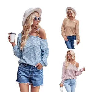 Knitted Ladies Handmade Crop Pullover Sweater Ribbed Bare Shoulders Tops For Women