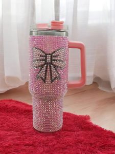 Gobelet isotherme rose 40oz avec poignée, strass, couvercle et paille, pour porte-gobelet de voiture, double paroi - Product Image 3