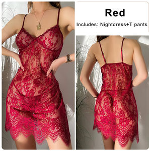 <span class=keywords><strong>Robe</strong></span> de nuit transparente en dentelle transparente rouge sexy avec string Lingerie sexy pour femmes matures japonaises - Product Image 4