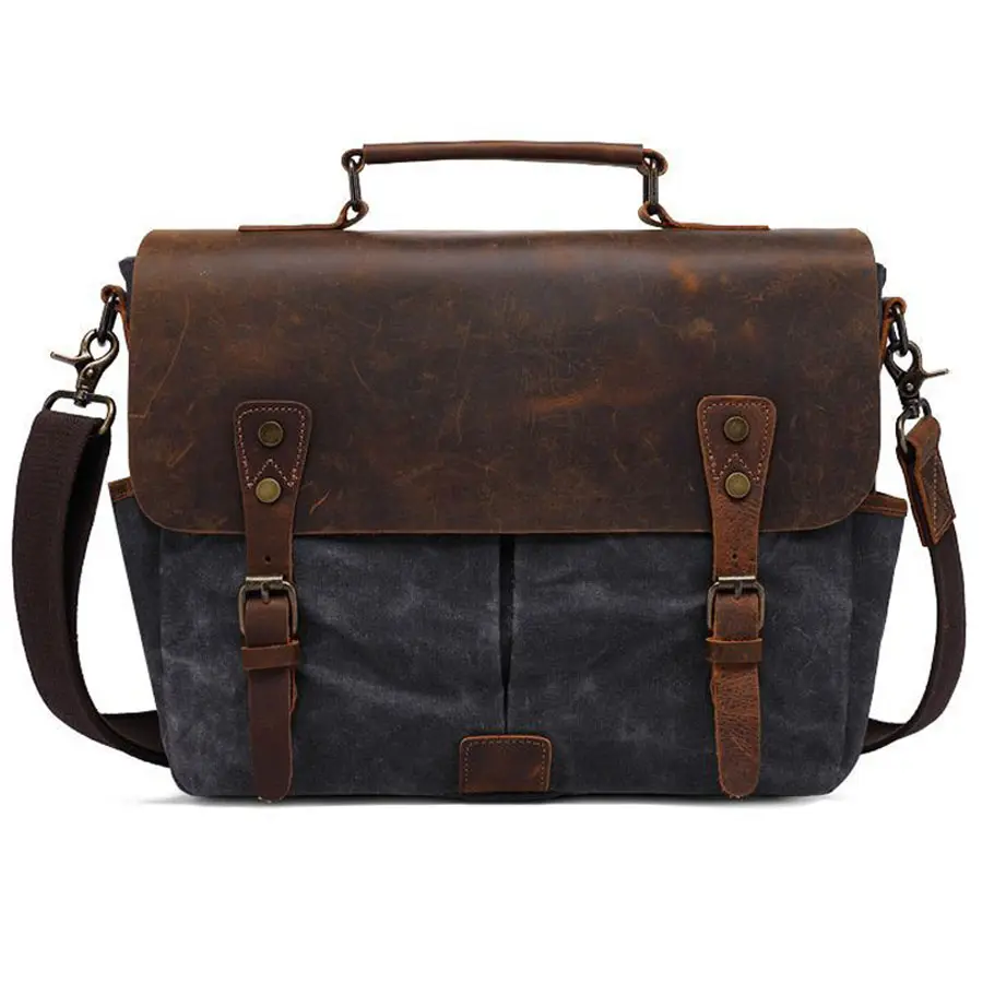 Vintage Leather Waxed Canvas Waterproof Messenger Bag for 15.6 Inch Laptop Bag Large Capacity Attache Case Briefcases For Men