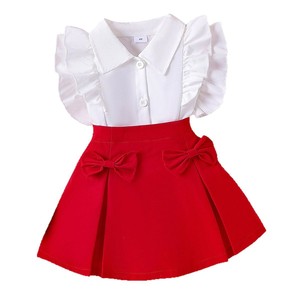 Nuovi <span class=keywords><strong>vestiti</strong></span> <span class=keywords><strong>estivi</strong></span> europei e americani per bambini con maniche arruffate per bambini camicia bianca + gonna a fiocco rosso Set di abbigliamento per ragazze 2 pezzi - Product Image 6