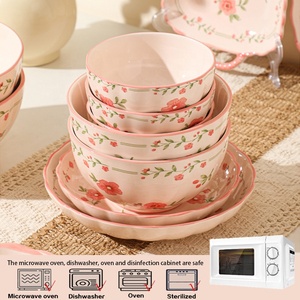 Bộ bát đĩa gốm sứ họa tiết hoa đào hồng cổ điển, vẽ men dưới lớp tráng men, dùng cho gia đình và tiệc tùng - Product Image 3