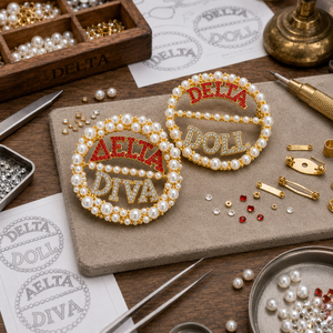 Spilla da bavero da <span class=keywords><strong>donna</strong></span> DST Soror con logo simbolo Delta Diva Delta Doll, decorata con strass rossi <span class=keywords><strong>e</strong></span> perle bianche, per confraternita greca - Product Image 3