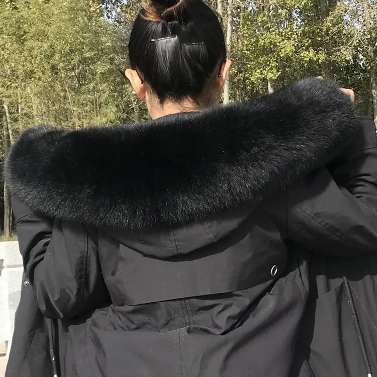 XJ-chaqueta con cuello de piel de zorro esponjoso, personalizada, a la moda, cálida, negra