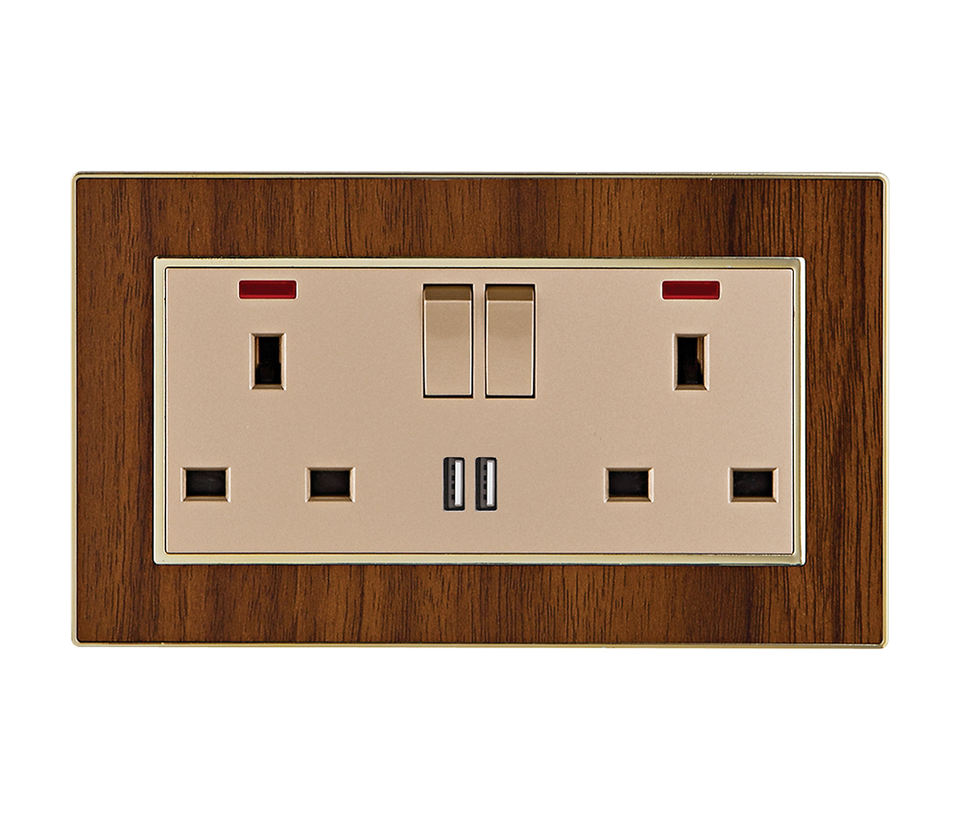 China Factory Direct Sale Uk Standard Gold Acrylic Wood Grain Panel New Design 2 Gang 2 Usb Wall Switch and Socket With Neon