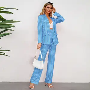 King Mcgreen Star 2PCS Spring Autumn Women New Fashion Casual Striped Small Blazer + Straight Wide-leg Trousers Suit