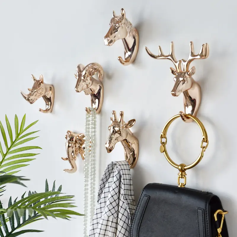 Fashion Deer Head Coat Hook Adhesive Hanger Resin Animal Pattern Decorative Wall Antler Key Rack Home Decoration Gifts 2022