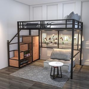 Lit superposé en fer forgé de style nordique avec rangement et barrière de sécurité, lit mezzanine multifonctionnel pour enfants et adultes - Product Image 4