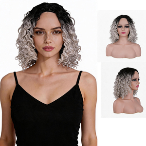 Peluca sintética rizada corta Ombre gris negro fibra de alta temperatura resistente al calor para mujeres uso diario fiesta <span class=keywords><strong>Halloween</strong></span> elegante - Product Image 1