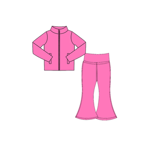 Conjunto de Pantalones Largos y Top de Manga Larga para Niñas, Estilo Nuevo, Color Sólido, Yoga, Pantalones Acampanados - Product Image 4