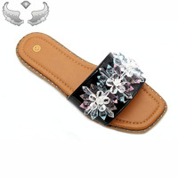 Sandales plates pour femmes, tendance et populaires, pour le quotidien, vente en gros, été, fleurs, strass, légères