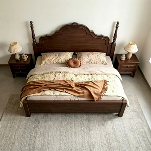 Premium Queen Size Solid Wood Spindle <b>Bed</b> With Carved Curved Headboard For Vintage Bedroom - Product Image 1