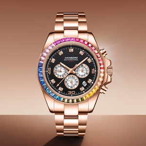 Nuovo Orologio Meccanico di Lusso da <span class=keywords><strong>Uomo</strong></span> in Acciaio Inossidabile con Diamanti Arcobaleno Luminosi, Impermeabile 5BAR, Movimento Automatico - Product Image 1