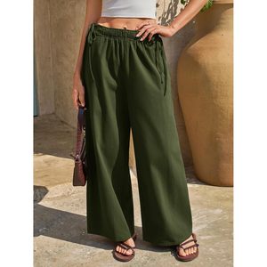 Fisoew Womens Wide Leg Pants Mid Waist Elastic Drawstring Casual Cotton Canvas Breathable Loose Fit Summer Wear - Product Image 4